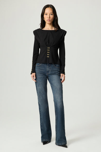 Hook-Detail Pleated Knit Blouse
