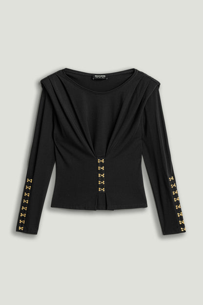 Hook-Detail Pleated Knit Blouse