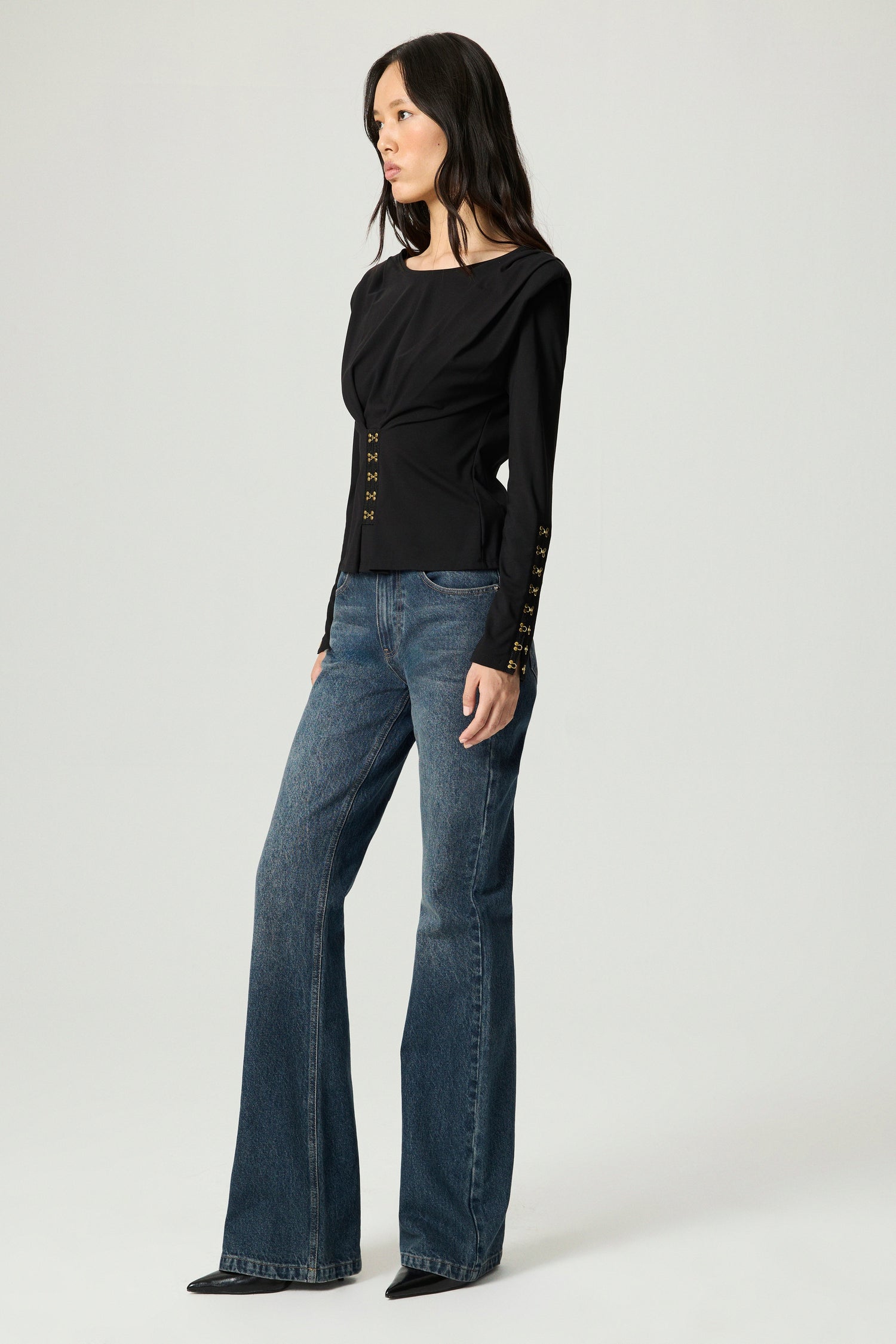 Hook-Detail Pleated Knit Blouse