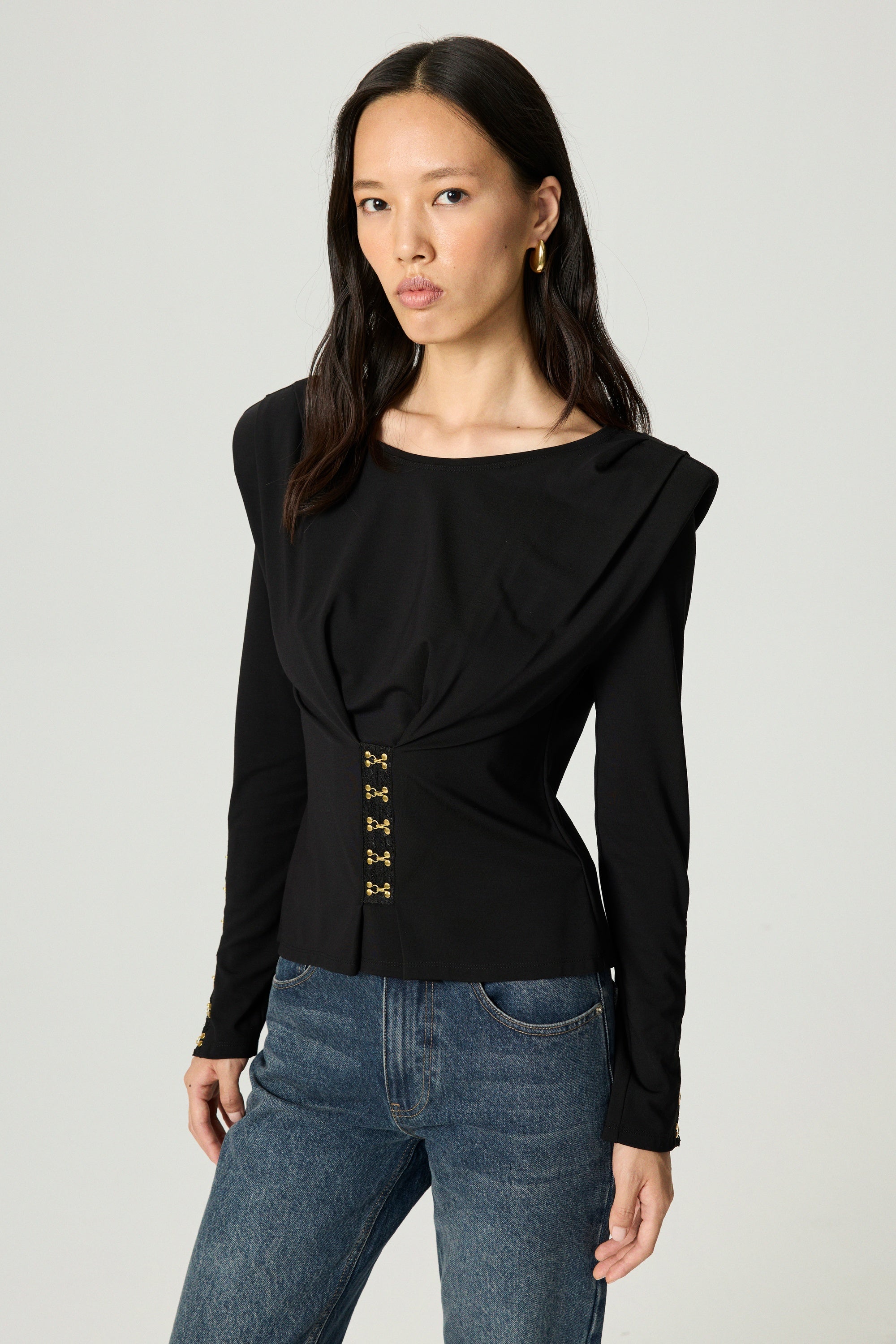 Hook-Detail Pleated Knit Blouse