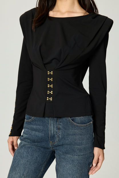 Hook-Detail Pleated Knit Blouse