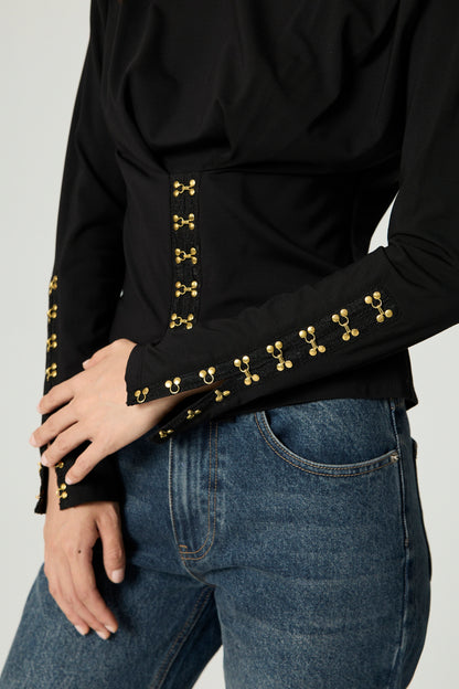 Hook-Detail Pleated Knit Blouse