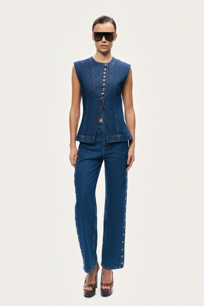 Eyelet Detail Wide-Leg Denim Pants