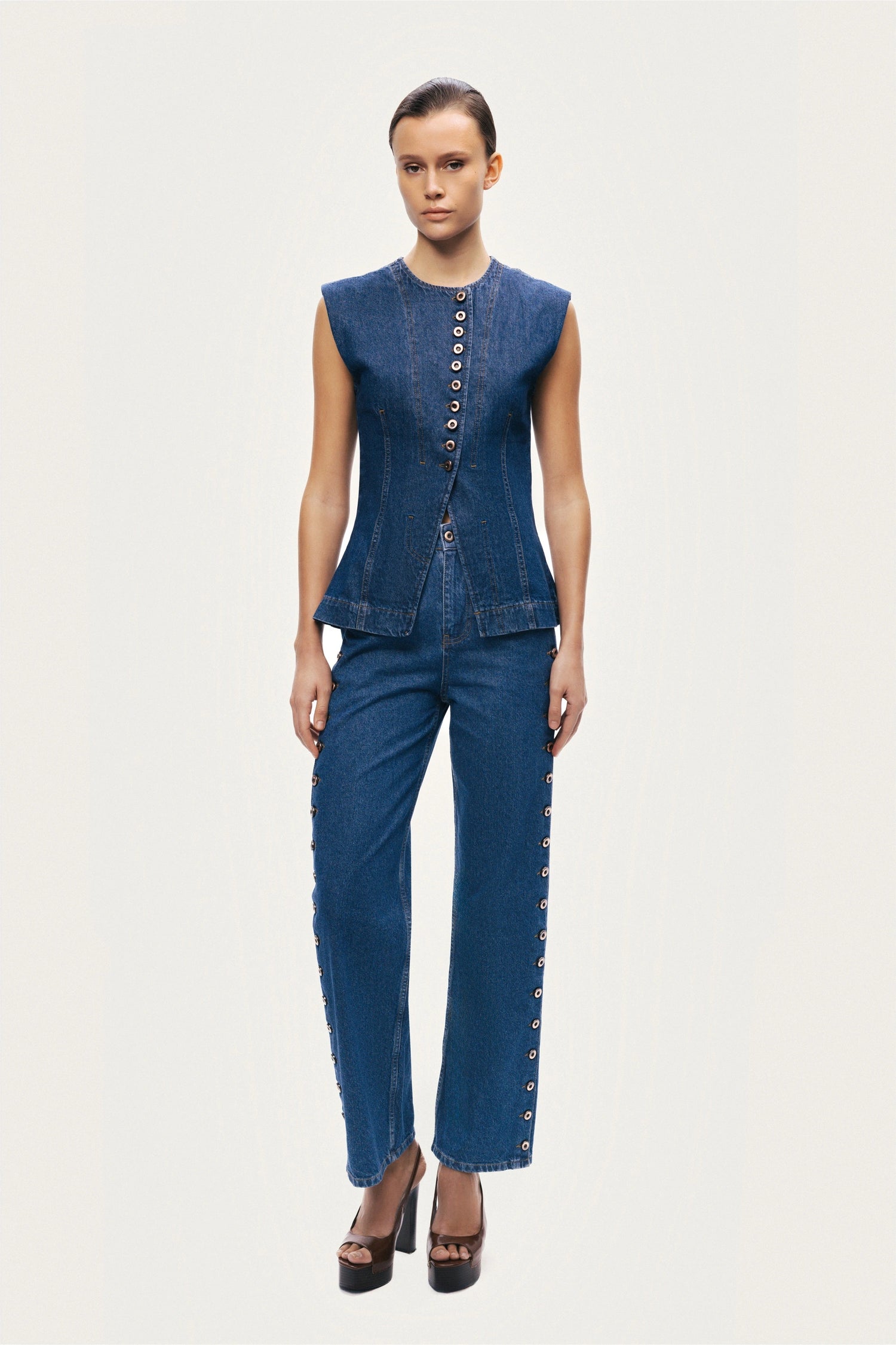 Eyelet Detail Wide-Leg Denim Pants
