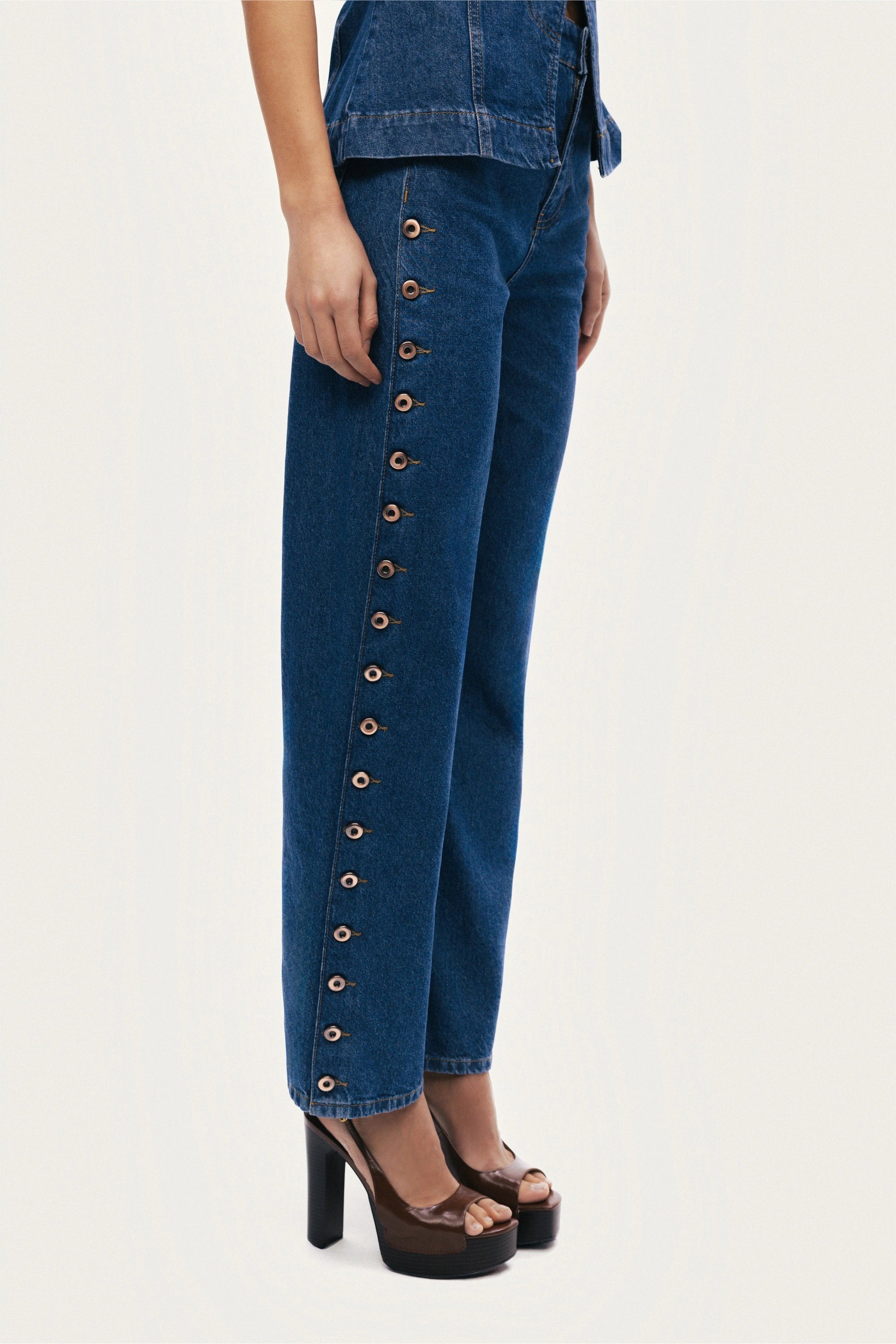 Eyelet Detail Wide-Leg Denim Pants