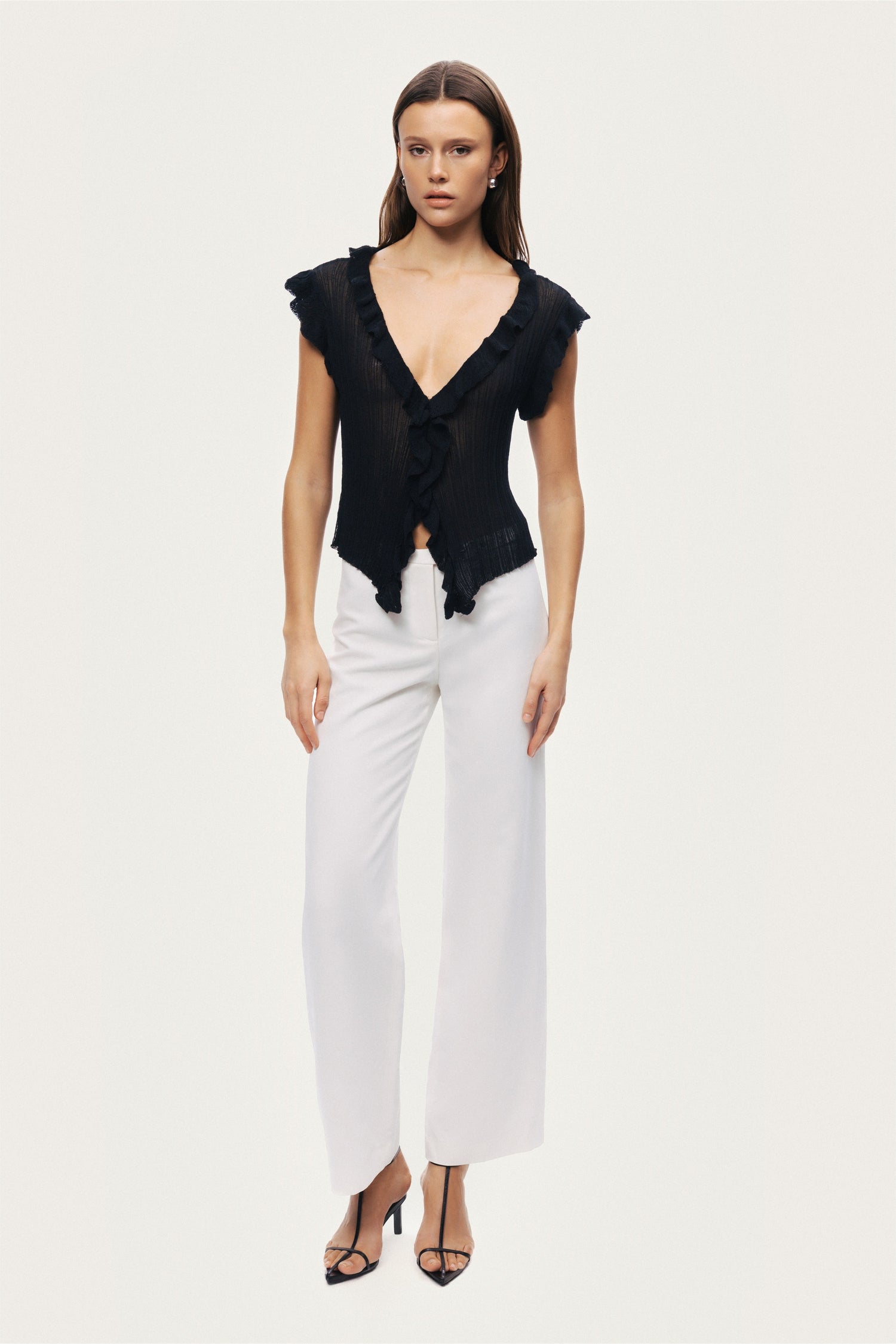 Ruffled V-Neck Sheer Blouse