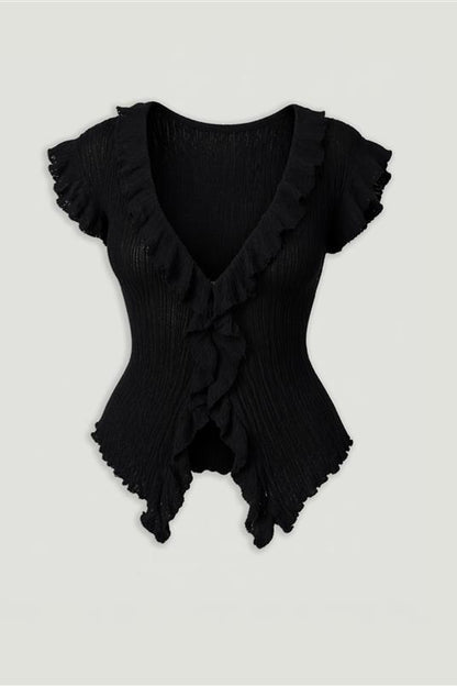 Ruffled V-Neck Sheer Blouse