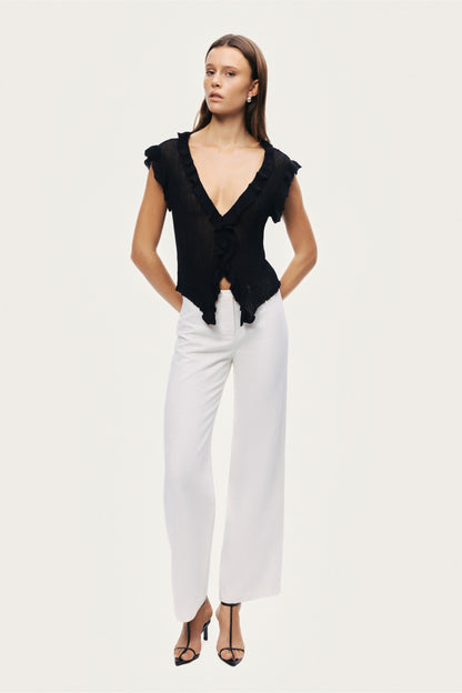 Ruffled V-Neck Sheer Blouse