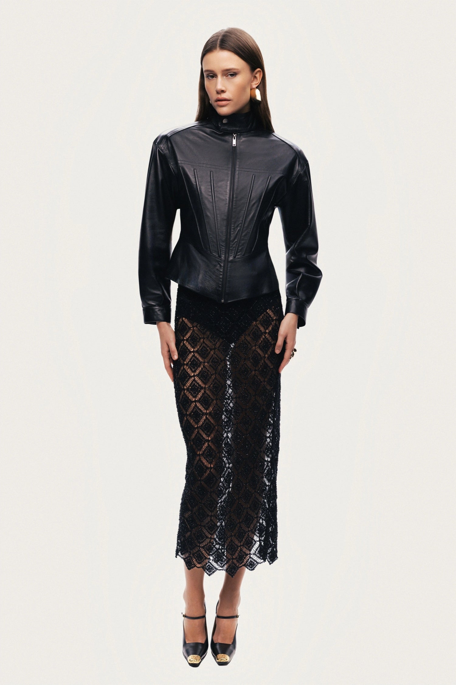 Zip-Front Fitted Leather Jacket