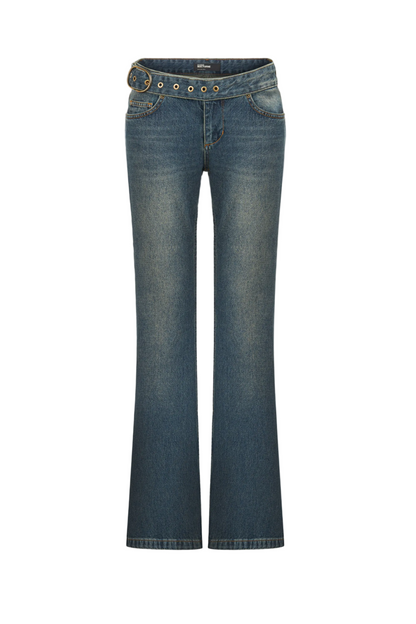 Belted Denim Flare Trousers