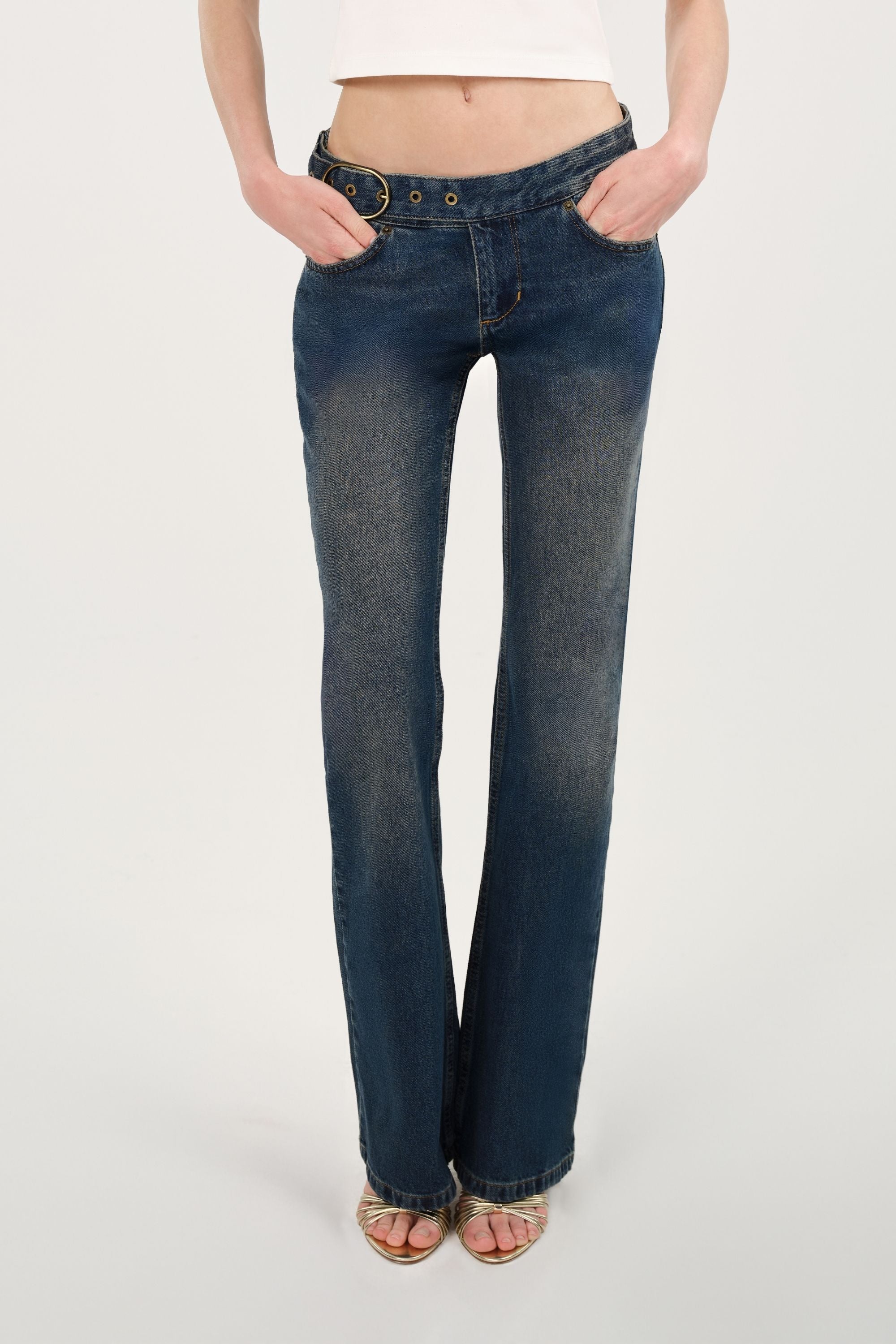 Belted Denim Flare Trousers
