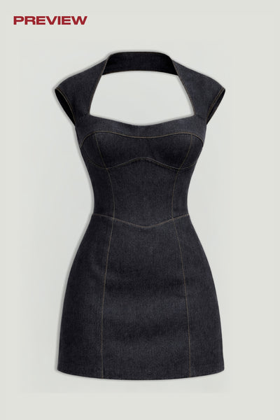 Backless Mini Denim Dress with Built-In Cup Detail – Nocturne