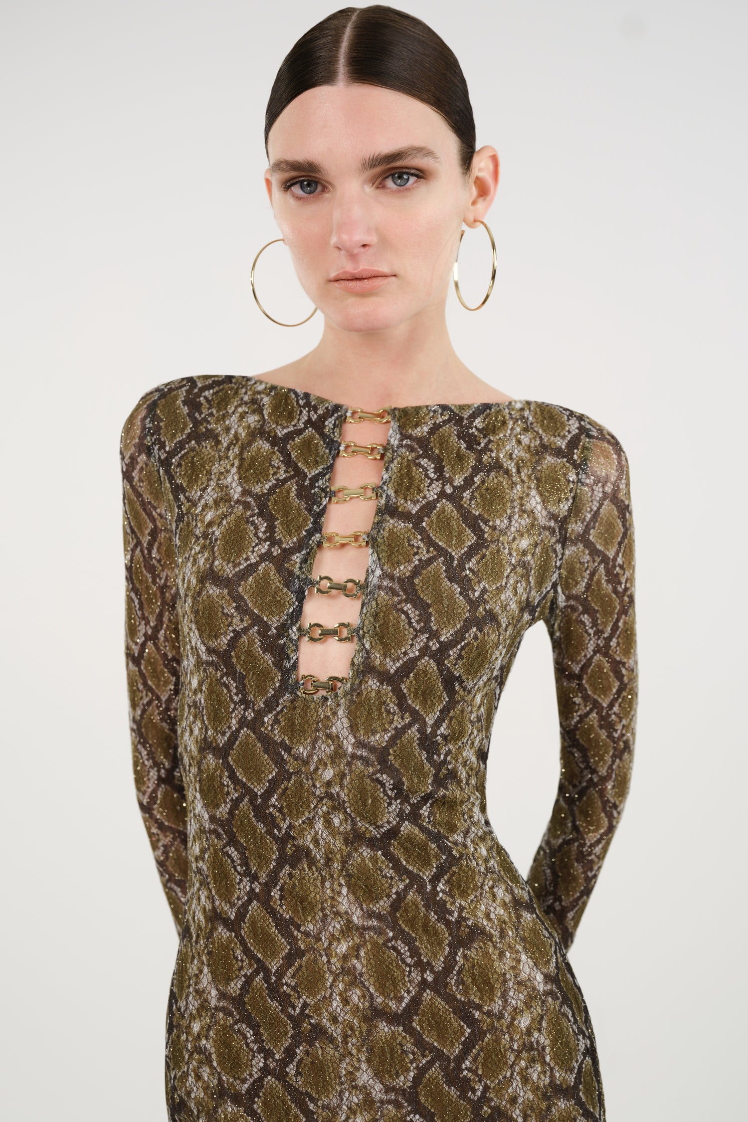 Snake Print Ring Detail Long Sleeve Maxi Dress