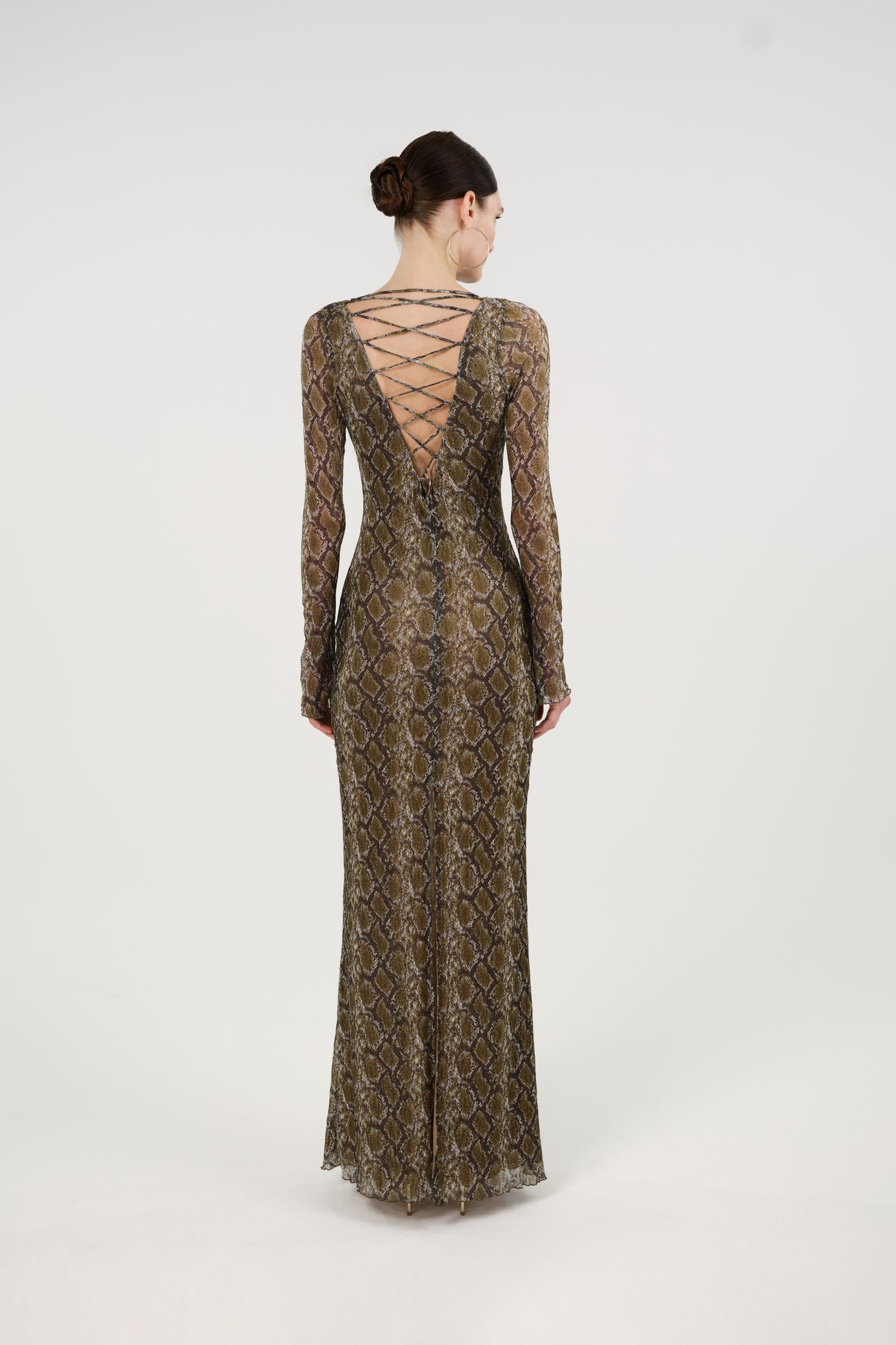 Snake Print Ring Detail Long Sleeve Maxi Dress