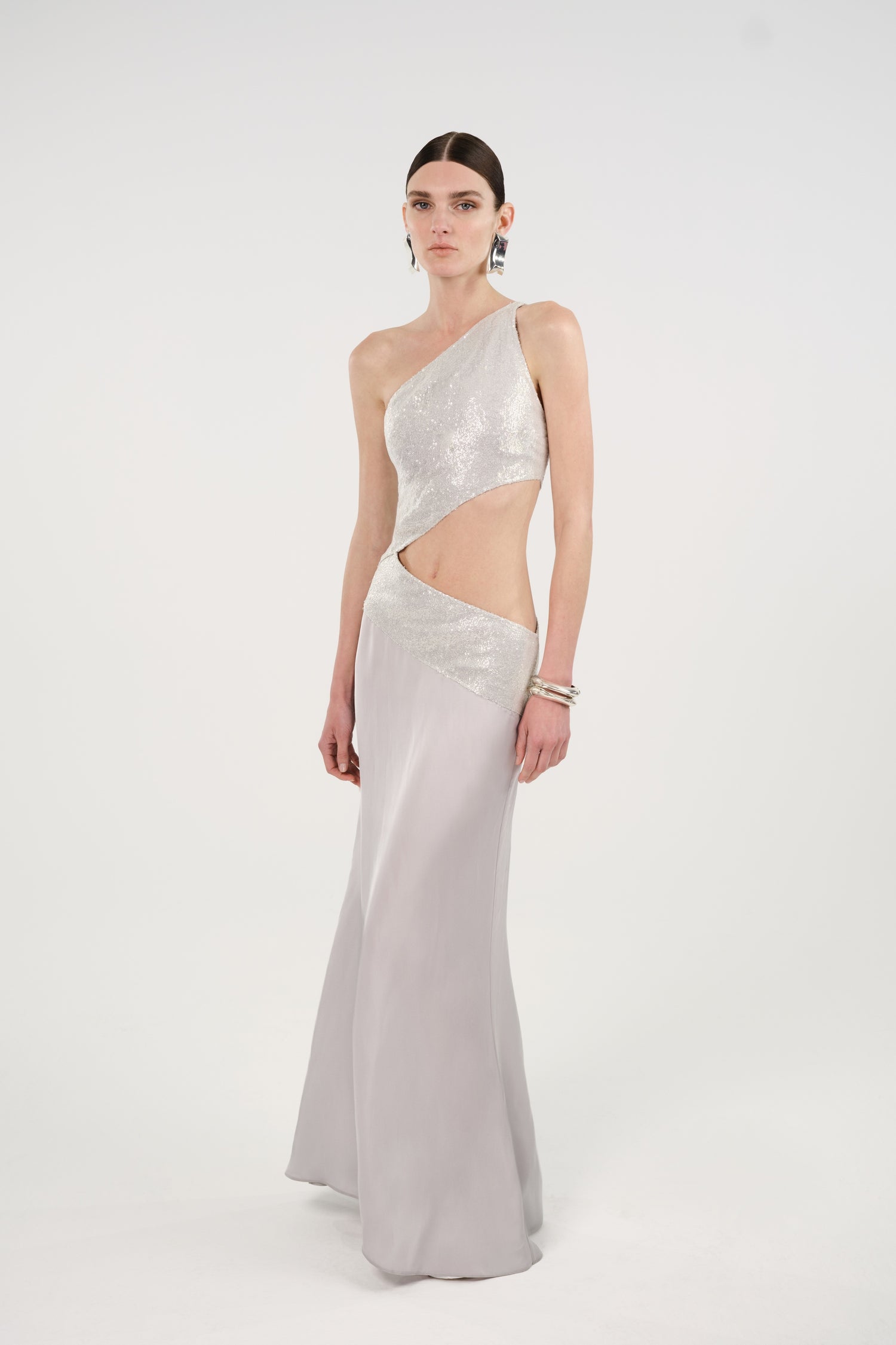 Sequin One-Shoulder Cutout Maxi Dress