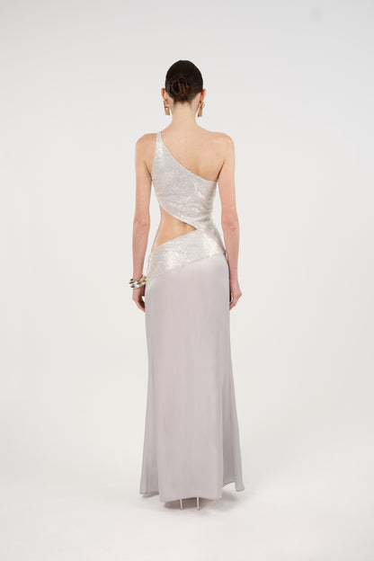 Sequin One-Shoulder Cutout Maxi Dress
