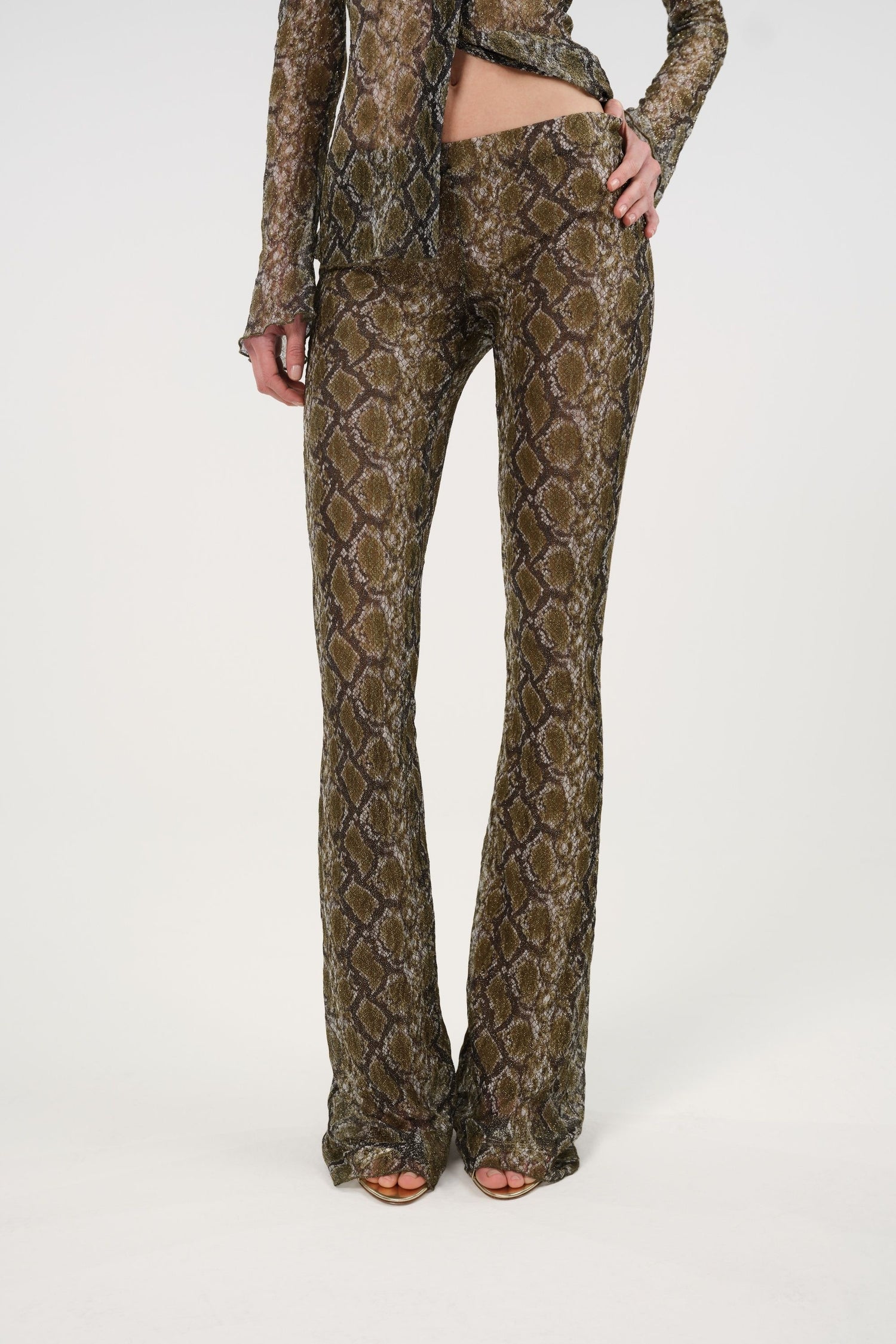 Snake Print Low-Rise Flare Trousers