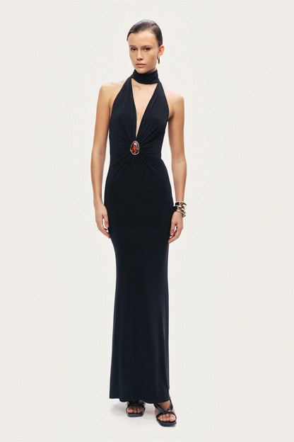 Halter-Neck Draped Maxi Dress