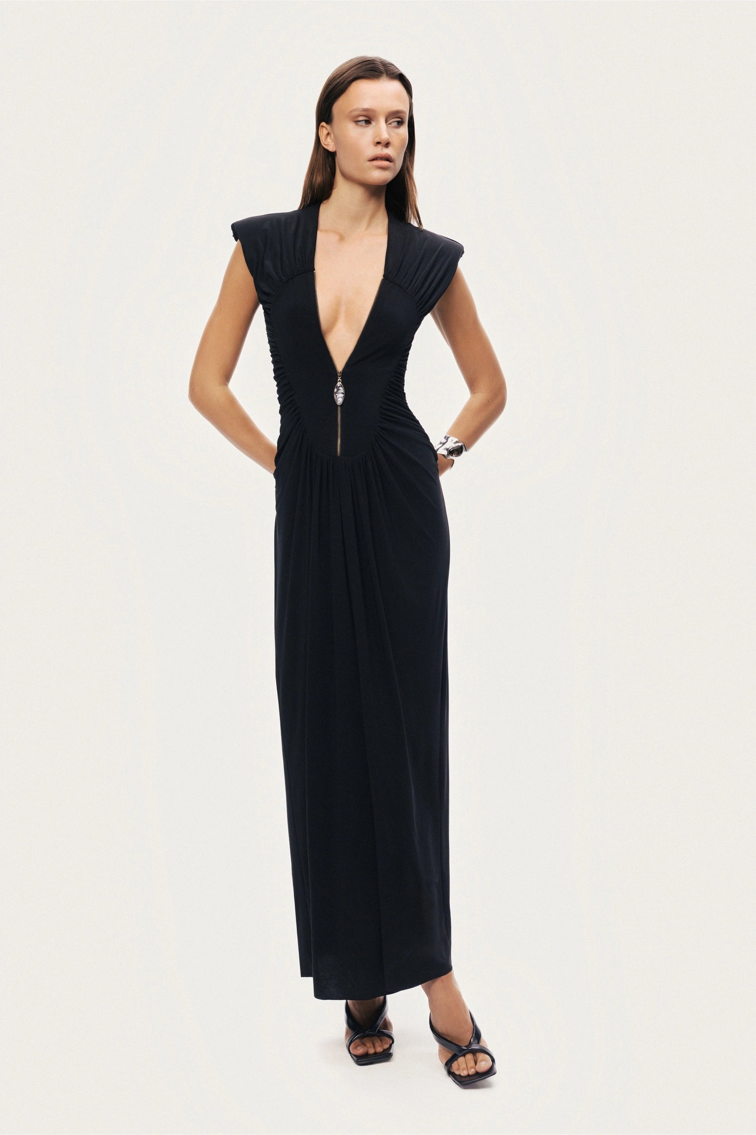 Ruched Deep V-Neck Maxi Dress – Nocturne Ruched Deep V-Neck Maxi Dress – Nocturne
