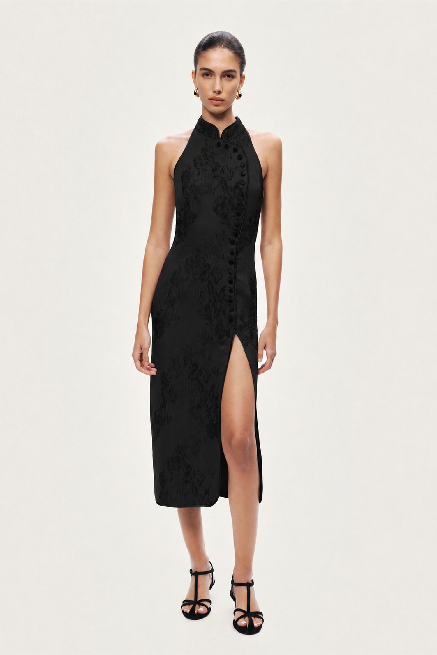 Jacquard Halterneck Midi Dress with Button Detail