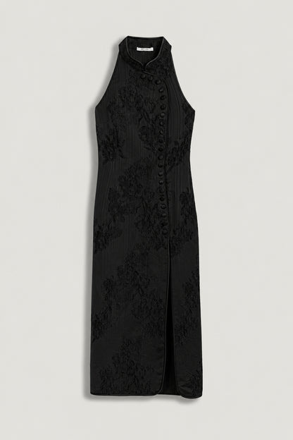 Jacquard Halterneck Midi Dress with Button Detail