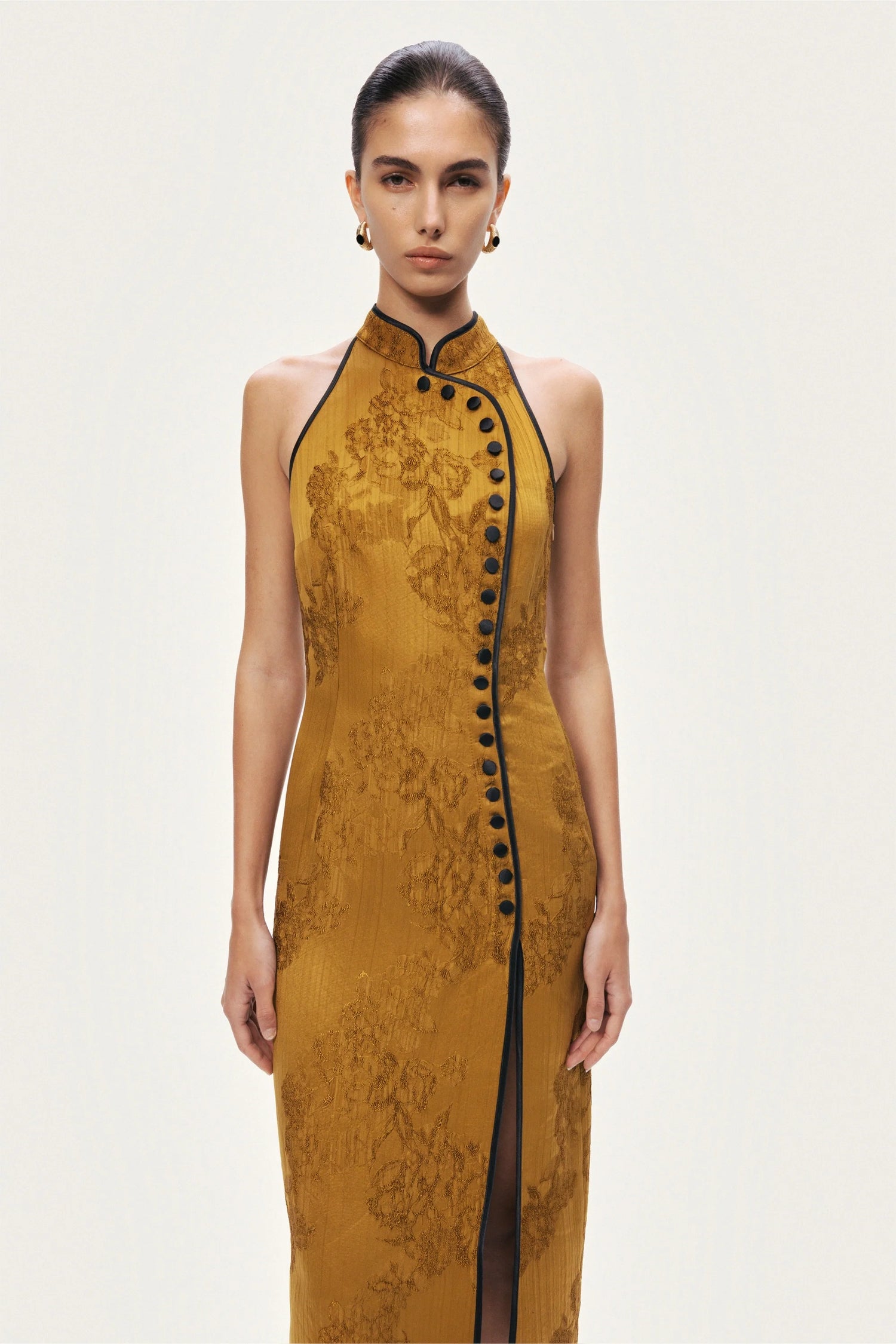 High-Neck Button-Detail Midi Dress