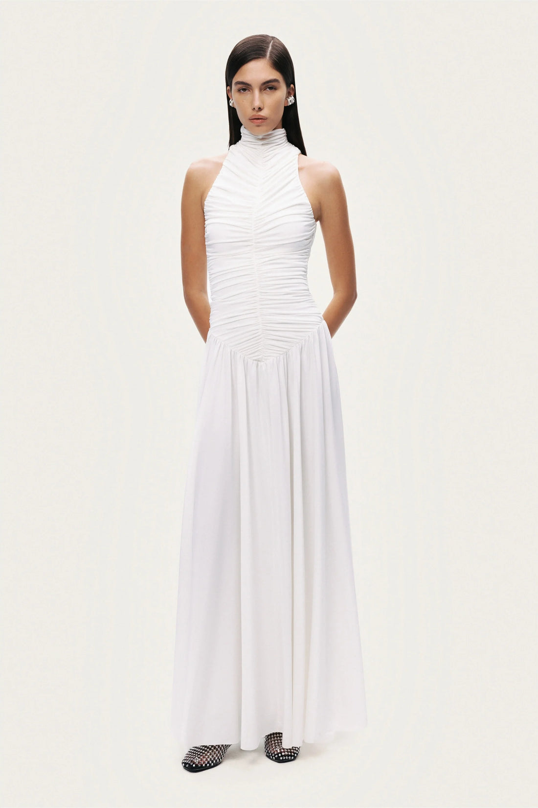 Ruched High-Neck Maxi Dress