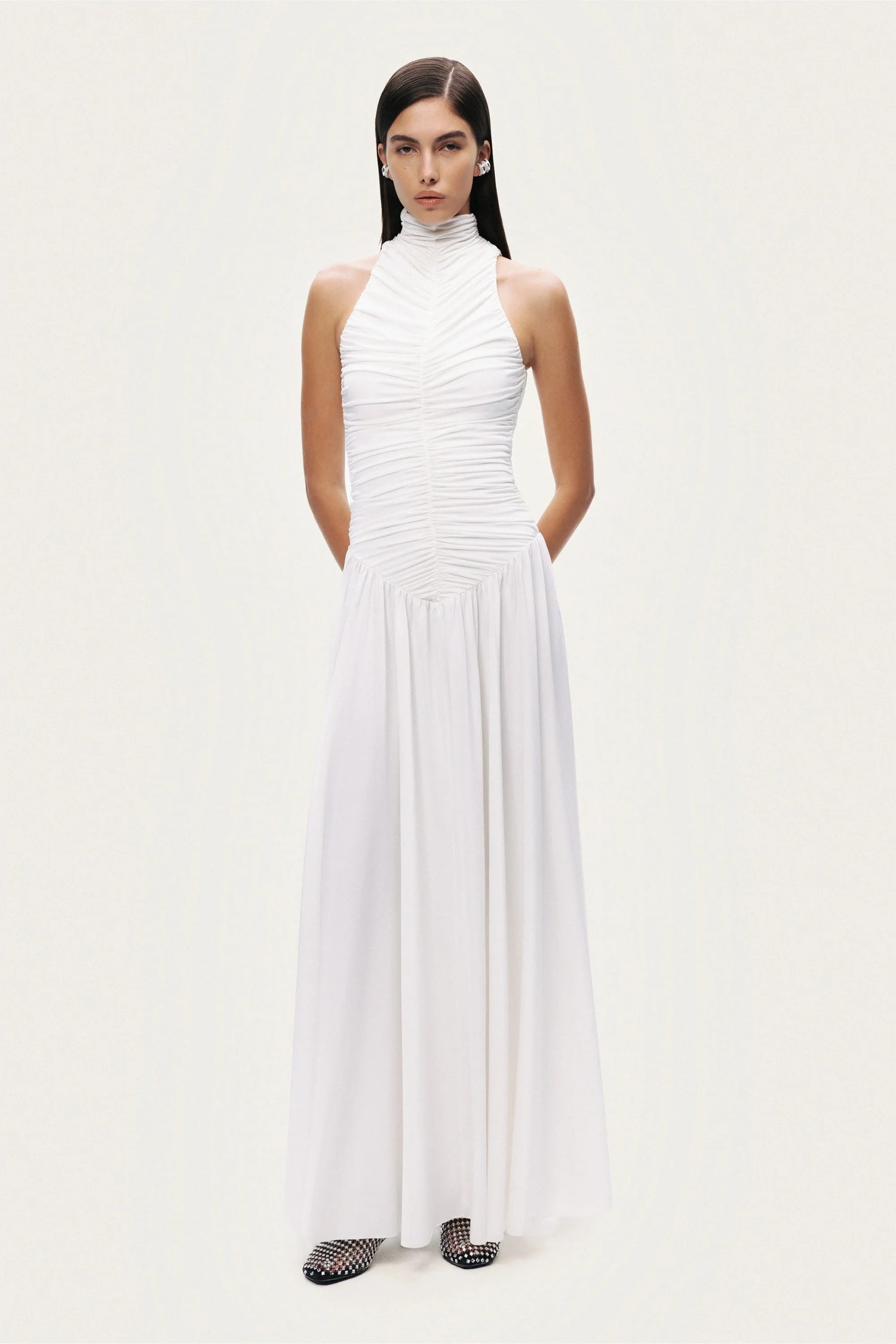 Ruched High-Neck Maxi Dress