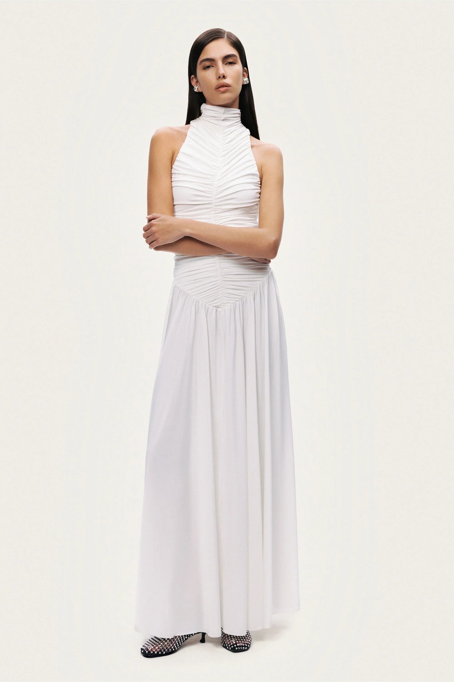 Ruched High-Neck Maxi Dress