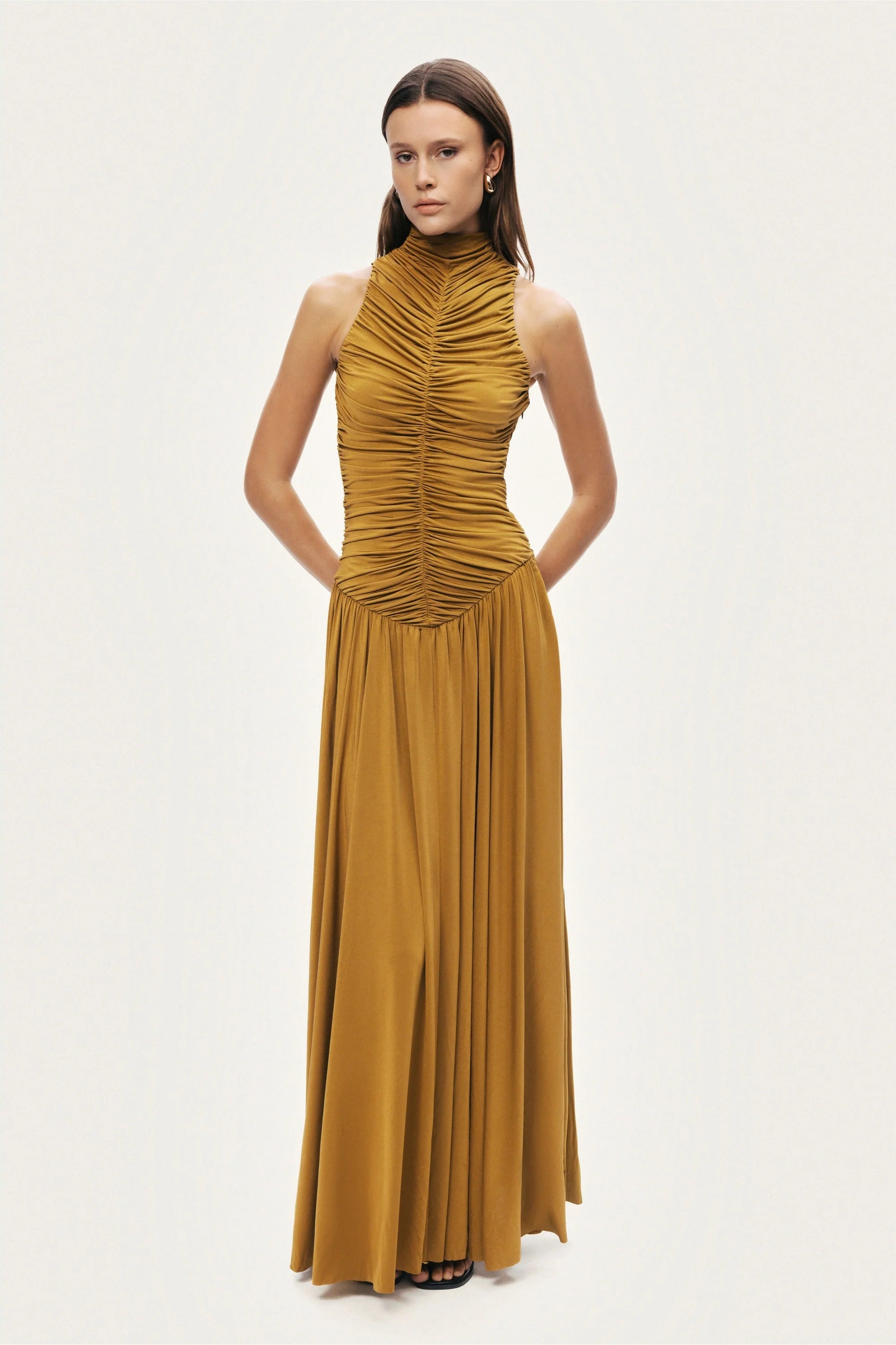 Ruched High-Neck Maxi Dress