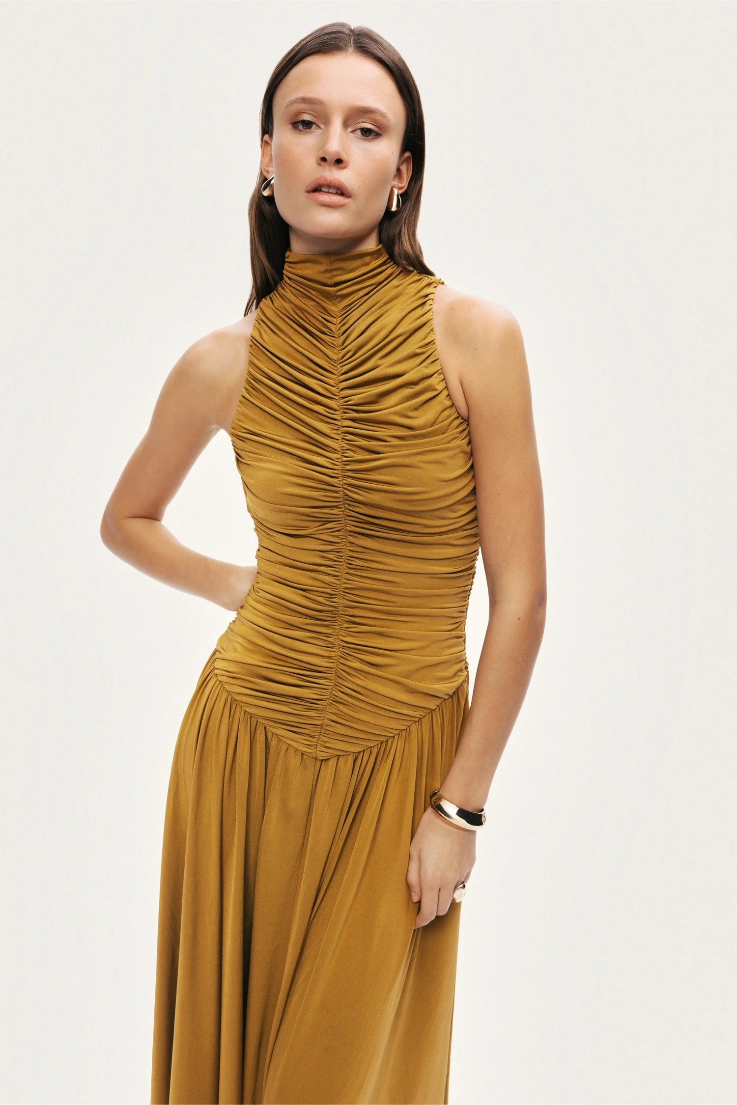 Ruched High-Neck Maxi Dress