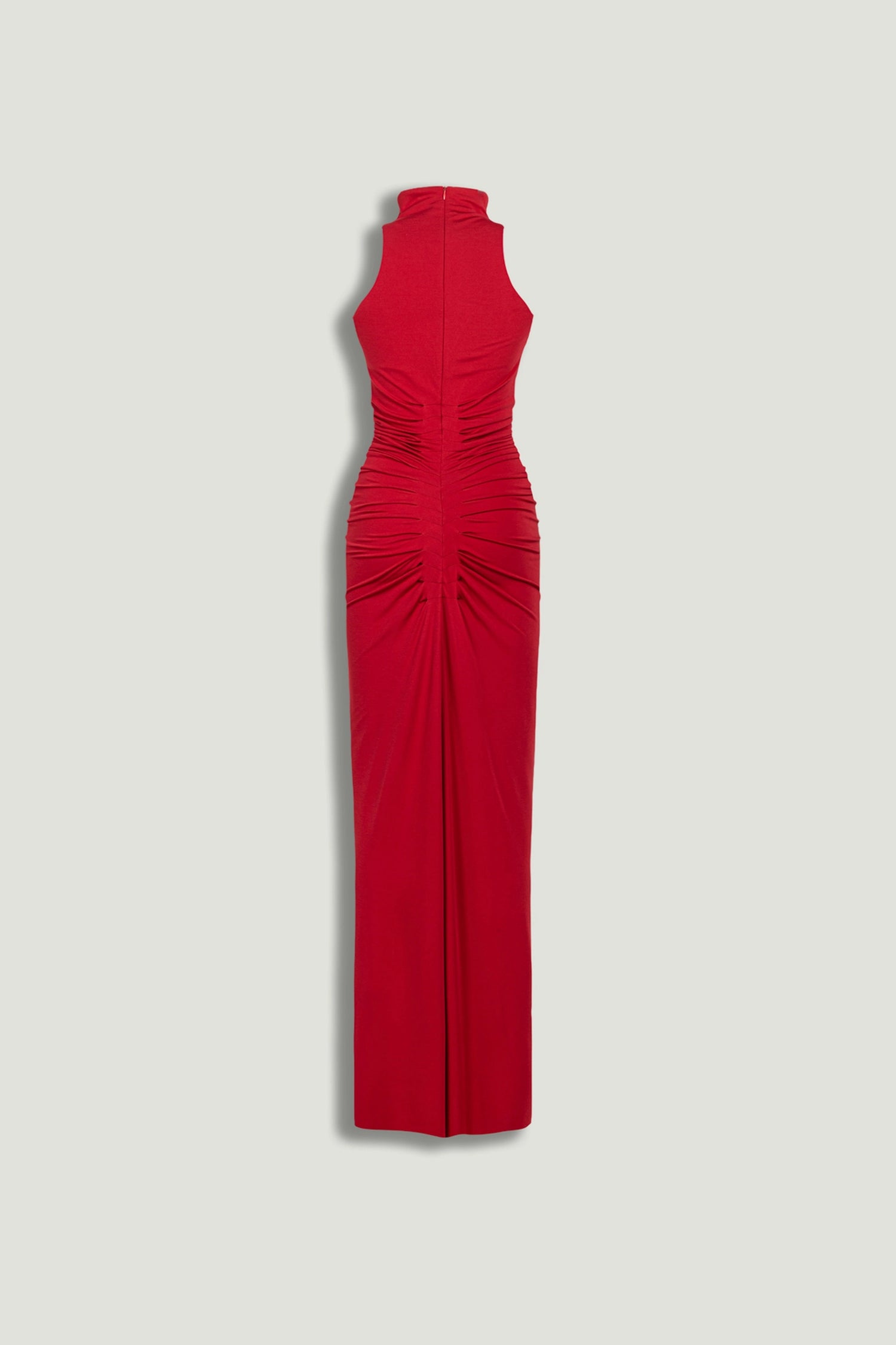 Red Ruched High-Neck Maxi Dress