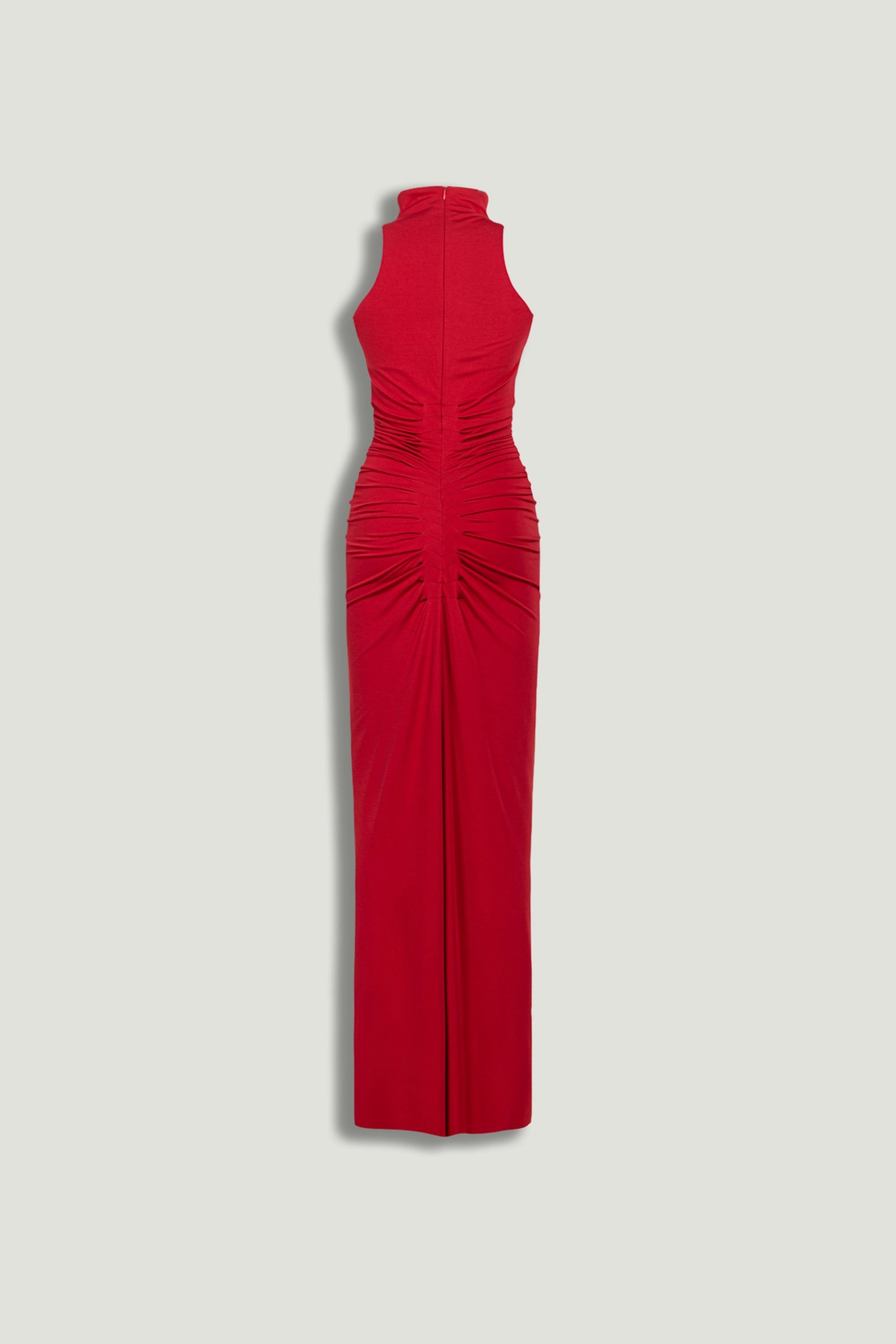 Red Ruched High-Neck Maxi Dress