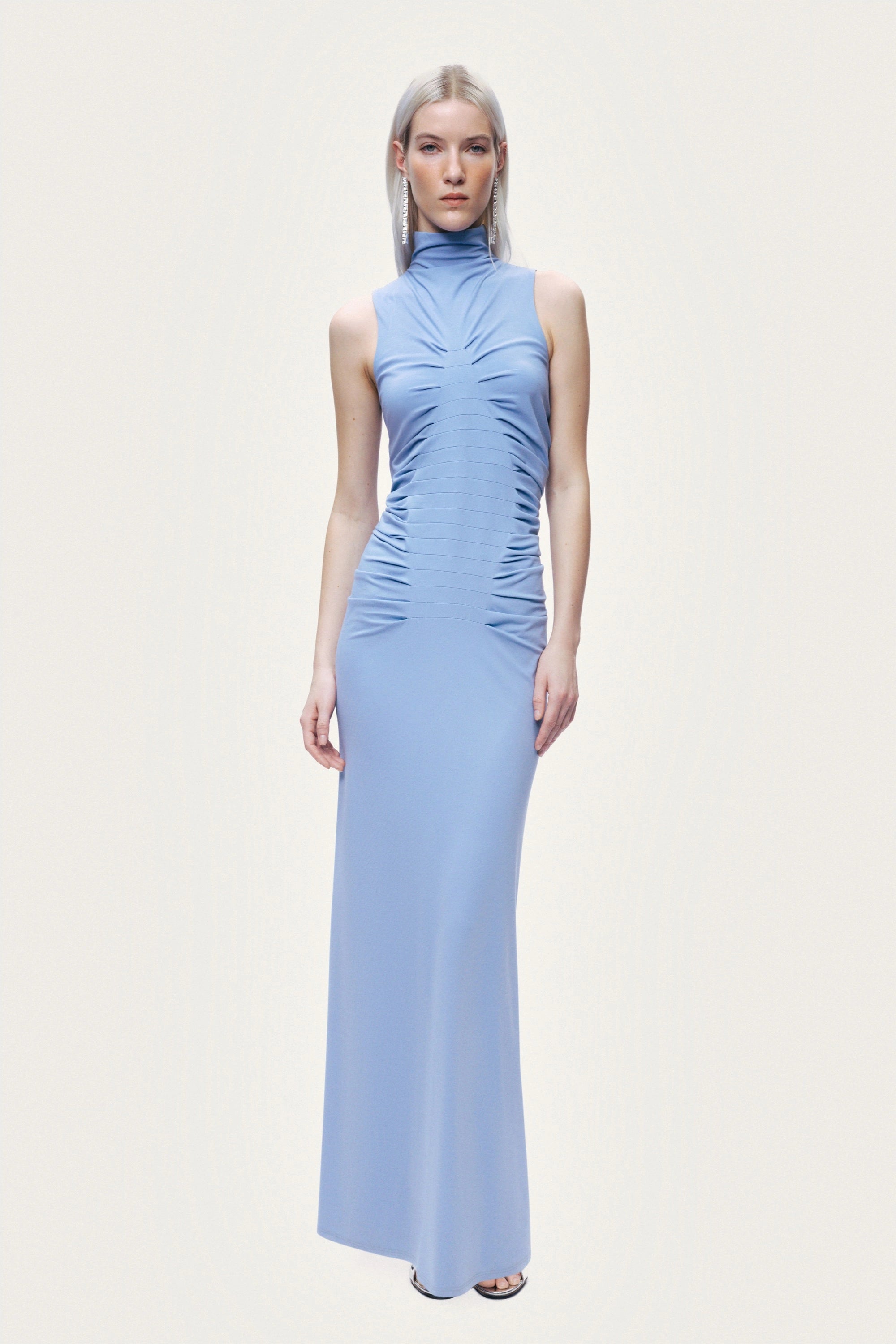 Ruched High-Neck Maxi Dress