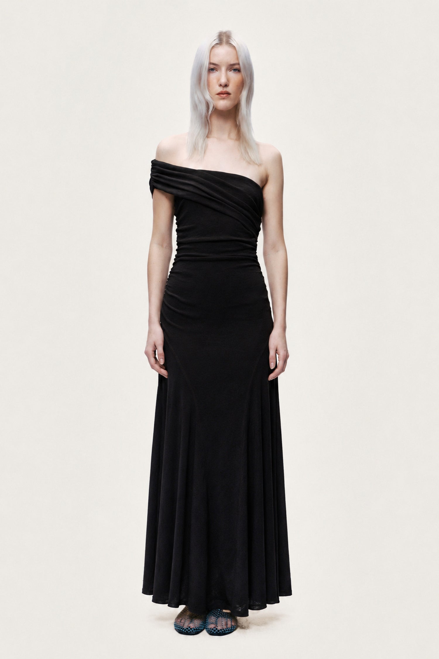 Asymmetric Off-Shoulder Ruched Maxi Dress