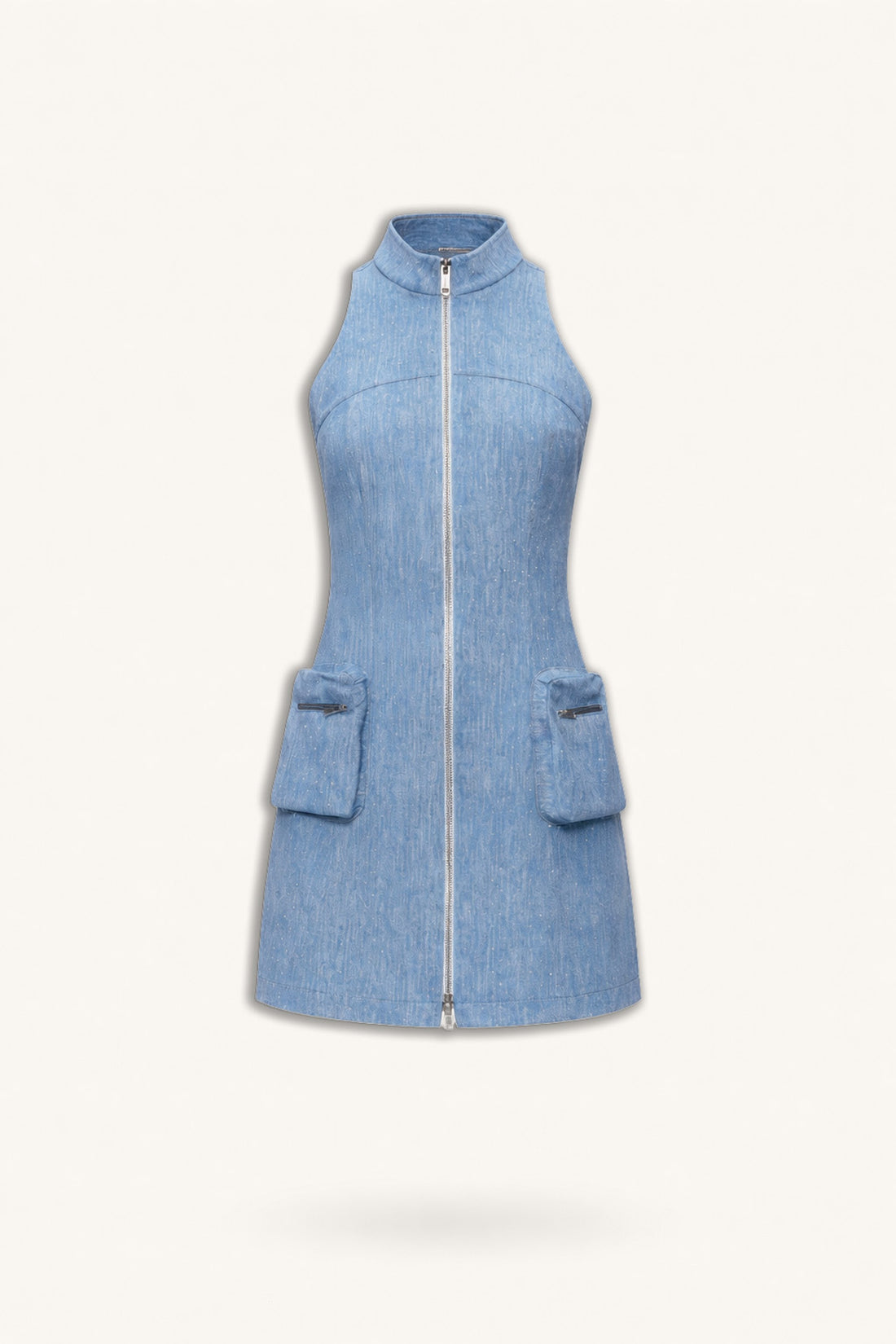 Pocket and Stone Detail Halterneck Mini Dress