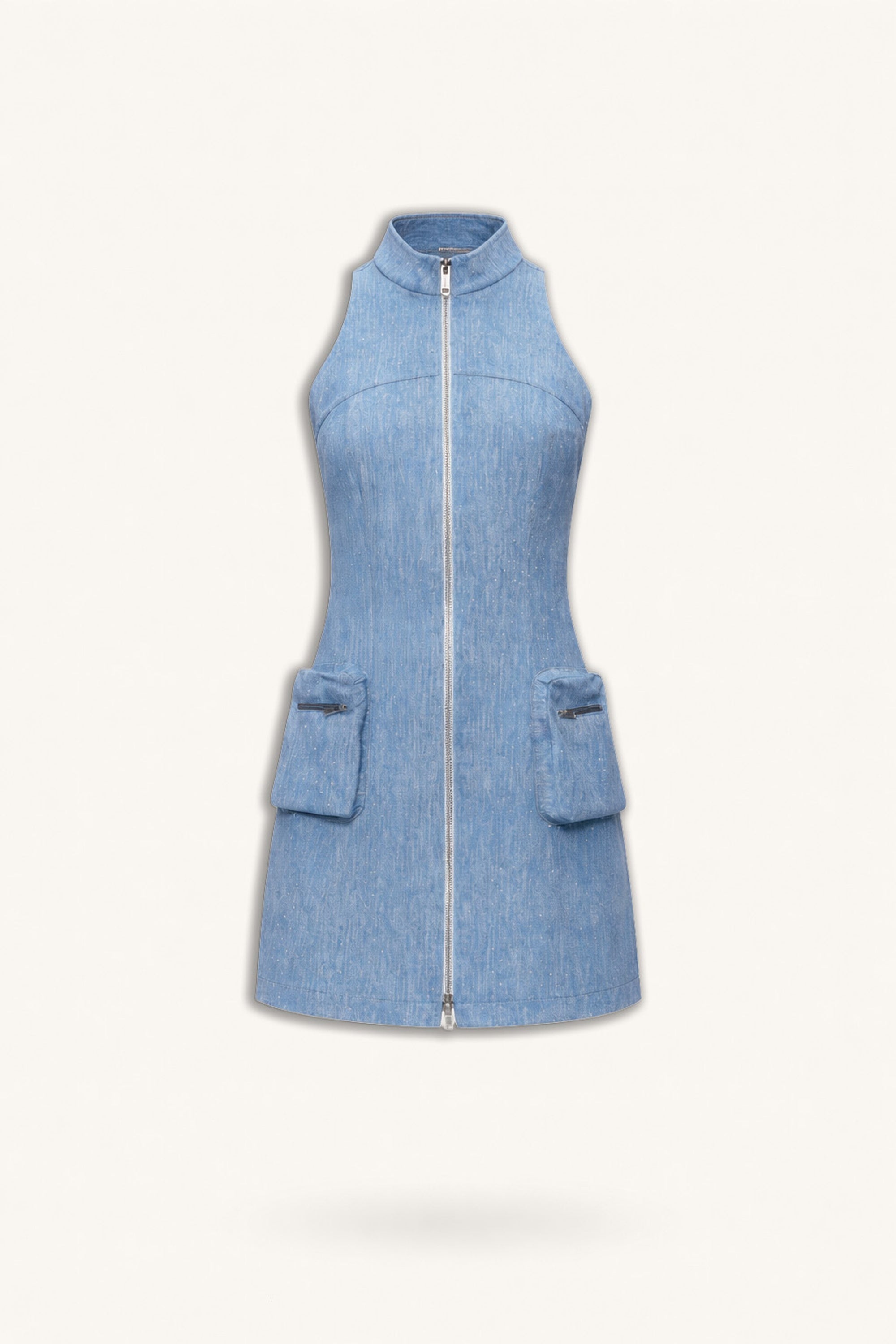 Pocket and Stone Detail Halterneck Mini Dress