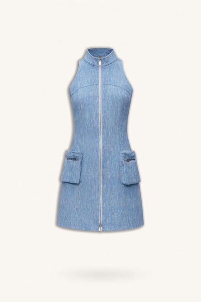 Pocket and Stone Detail Halterneck Mini Dress