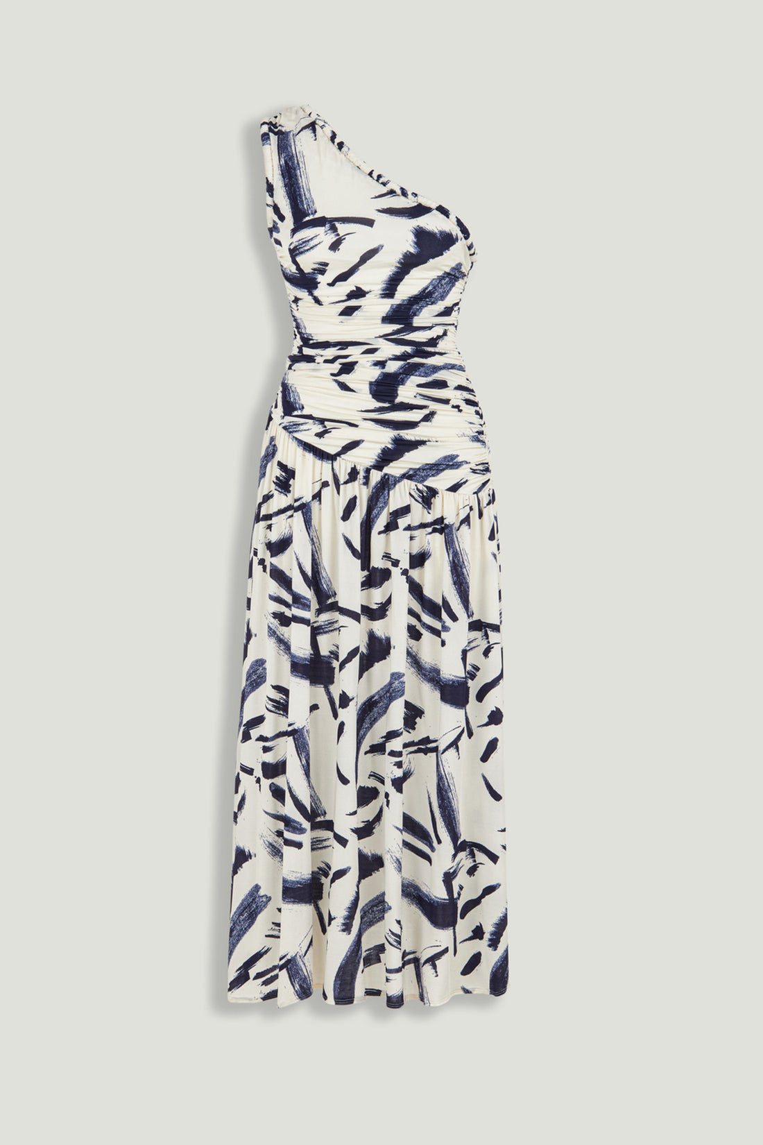 Printed One-Shoulder Draped Midi Dress