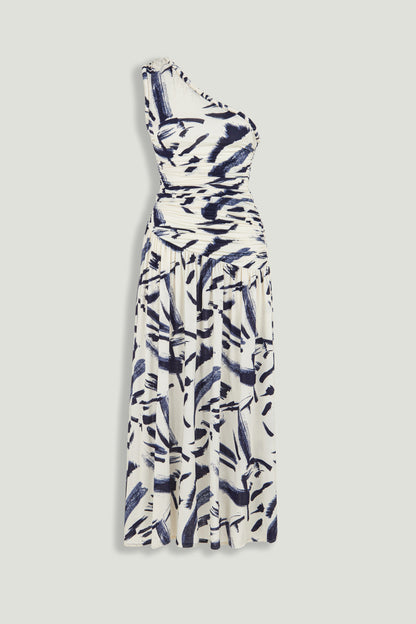 Printed One-Shoulder Draped Midi Dress