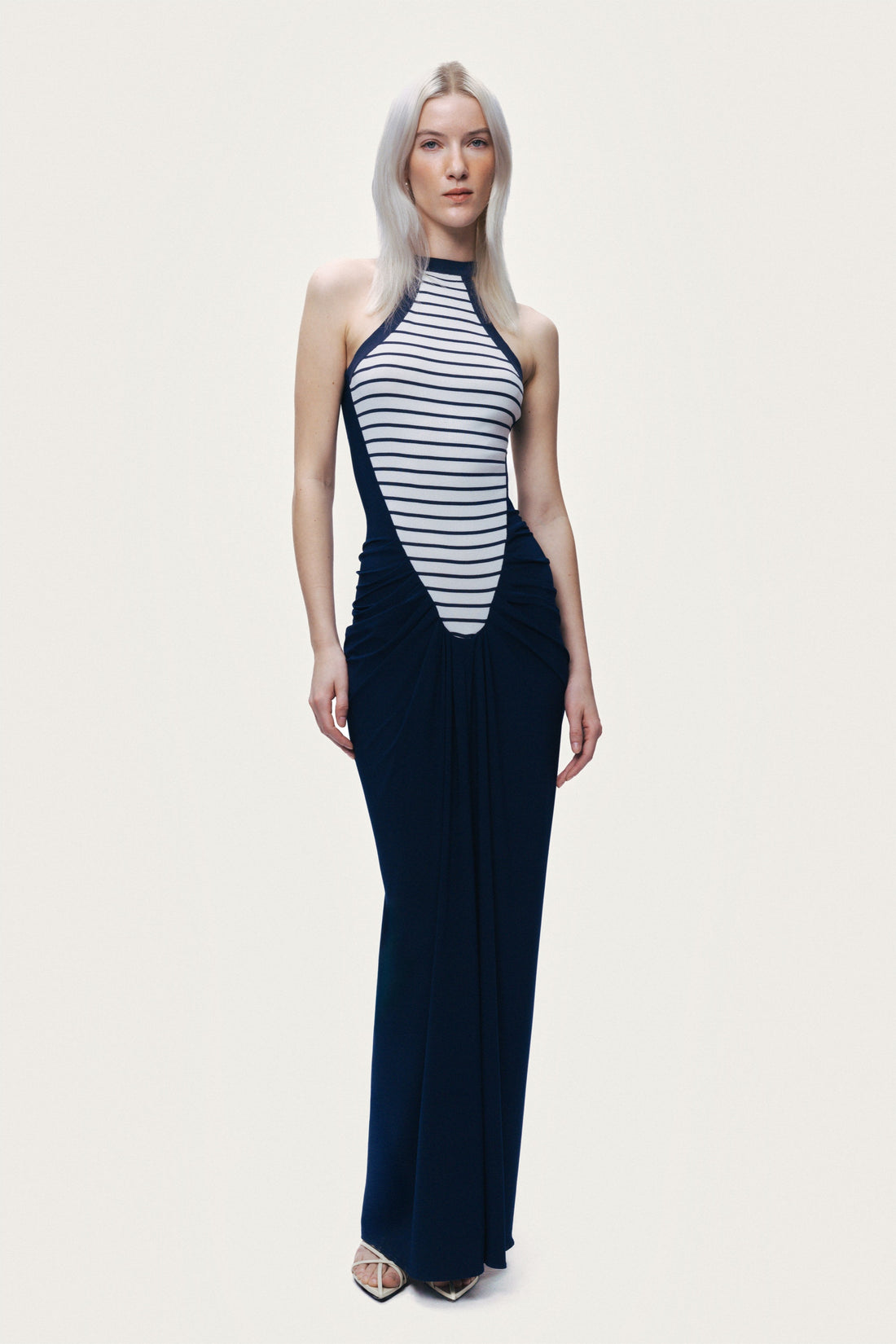 Stripe Draped Halter Neck Maxi Dress