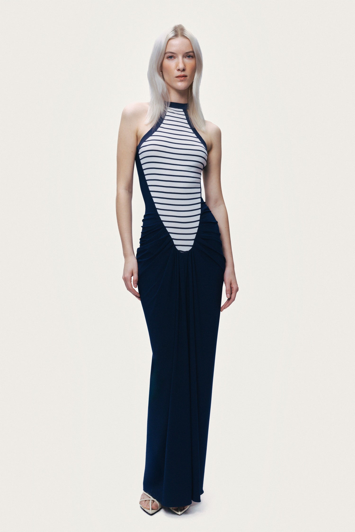 Stripe Draped Halter Neck Maxi Dress