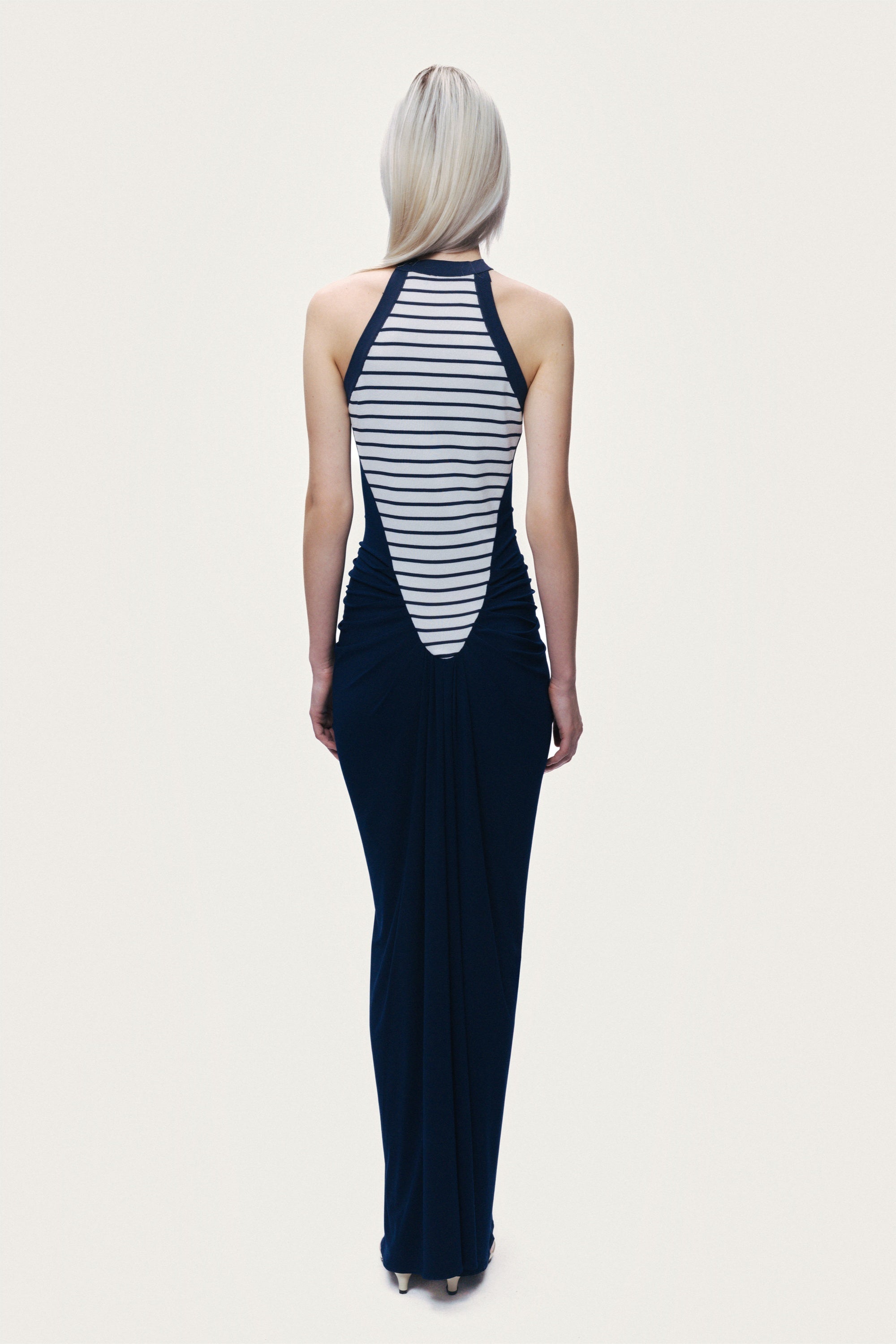 Stripe Draped Halter Neck Maxi Dress