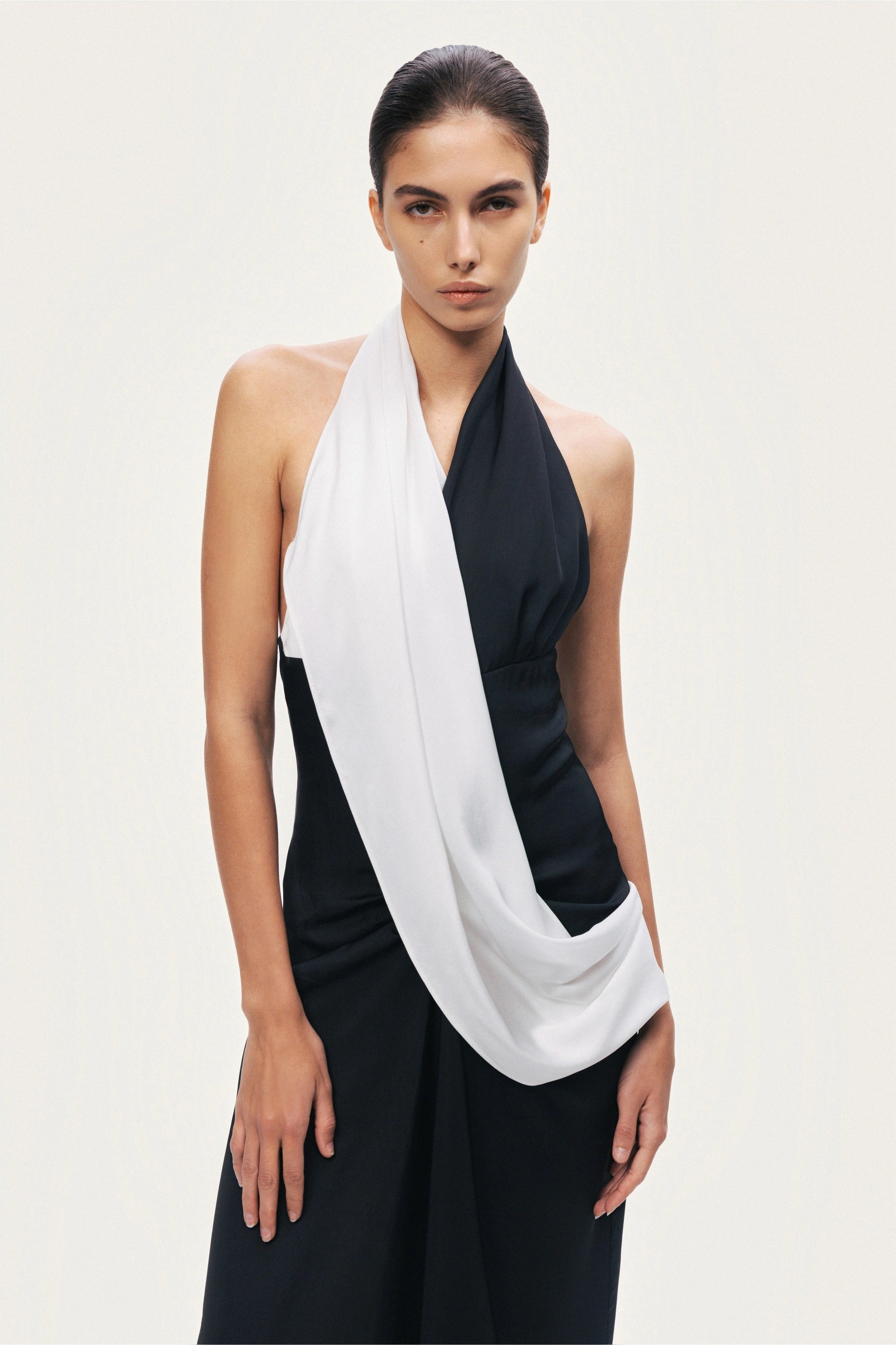 Contrast Draped Halter Maxi Dress