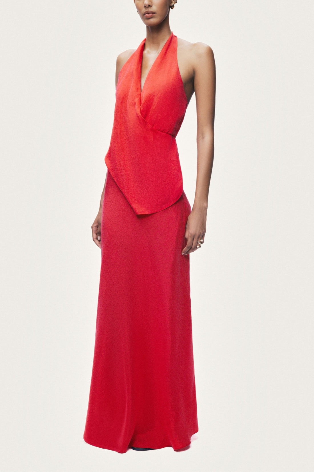 Asymmetric Open-Back Halter Maxi Dress