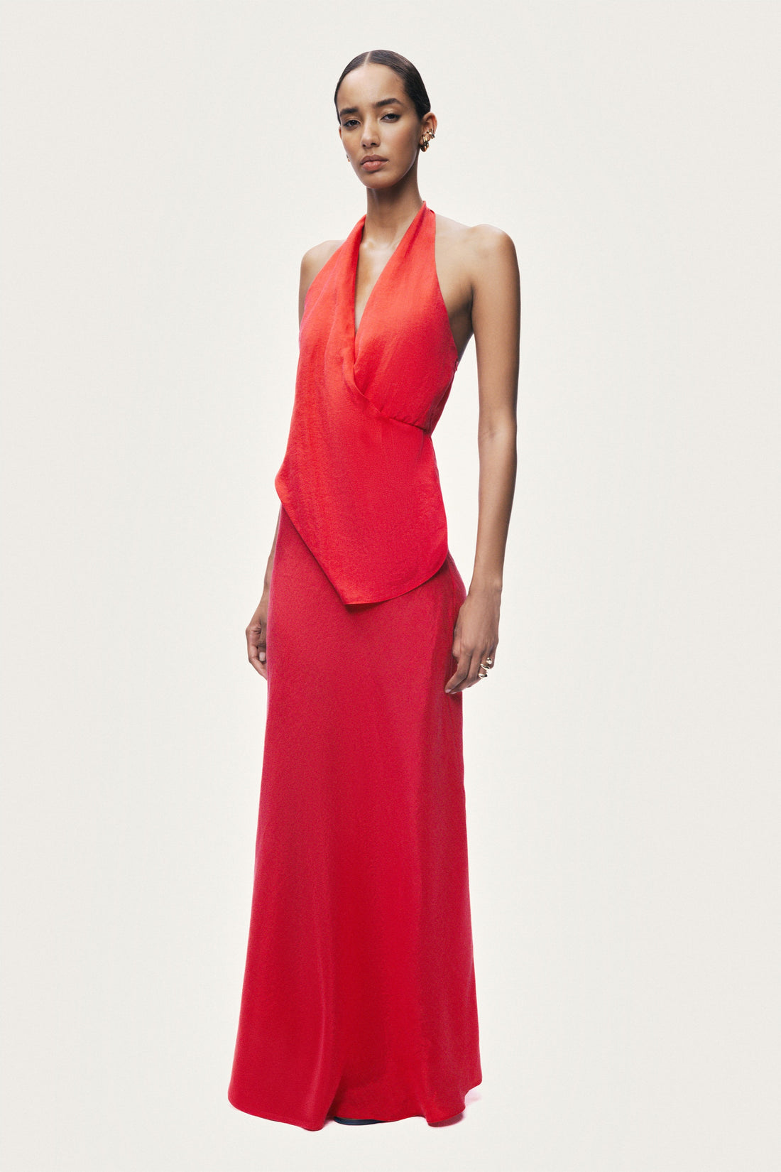 Asymmetric Open-Back Halter Maxi Dress