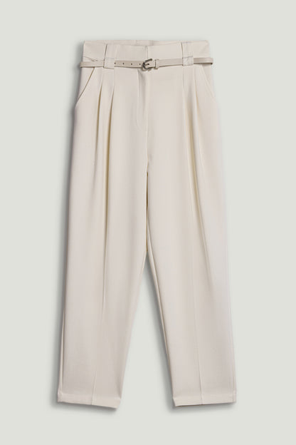 Ecru Belted Pleat Front Tapered Trousers