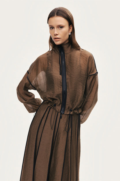 Sheer Pleated Midi Skirt