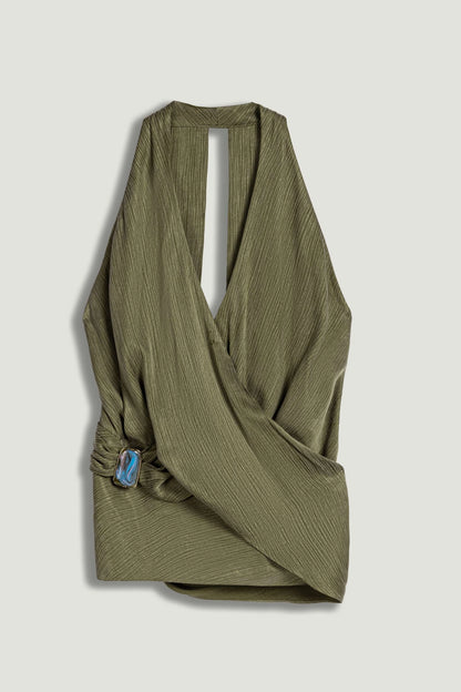 Asymmetric Halter Wrap Top
