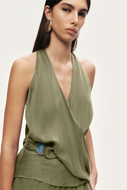 Asymmetric Halter Wrap Top